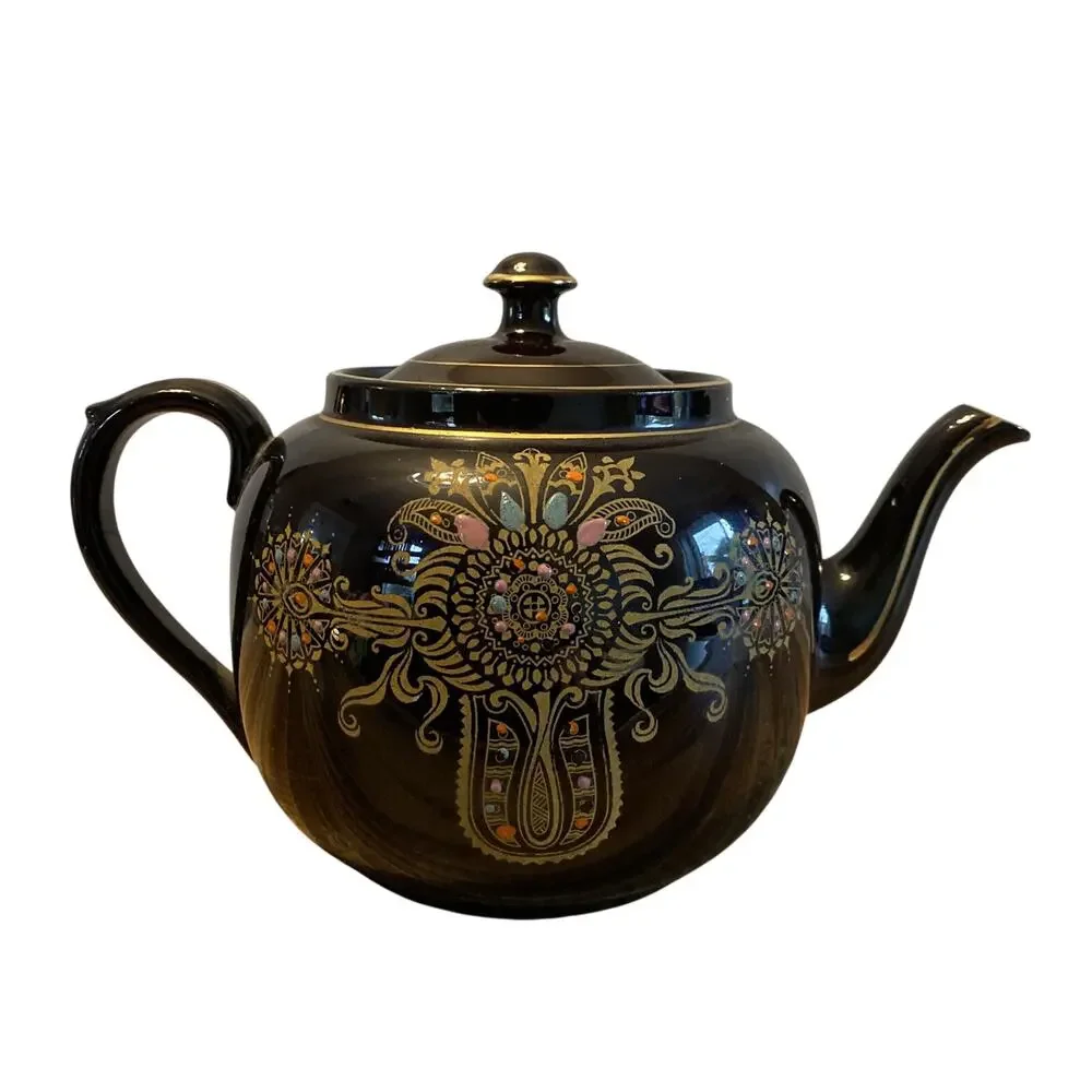 Antique 1928 Gibson & Sons Marina Art Deco Teapot Black Gold Burslem England